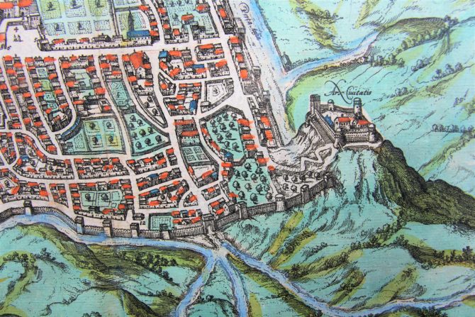 old map (16th century of Caiazo (Campania) (detail 1) by Braun and Hogenberg (1596/1598)